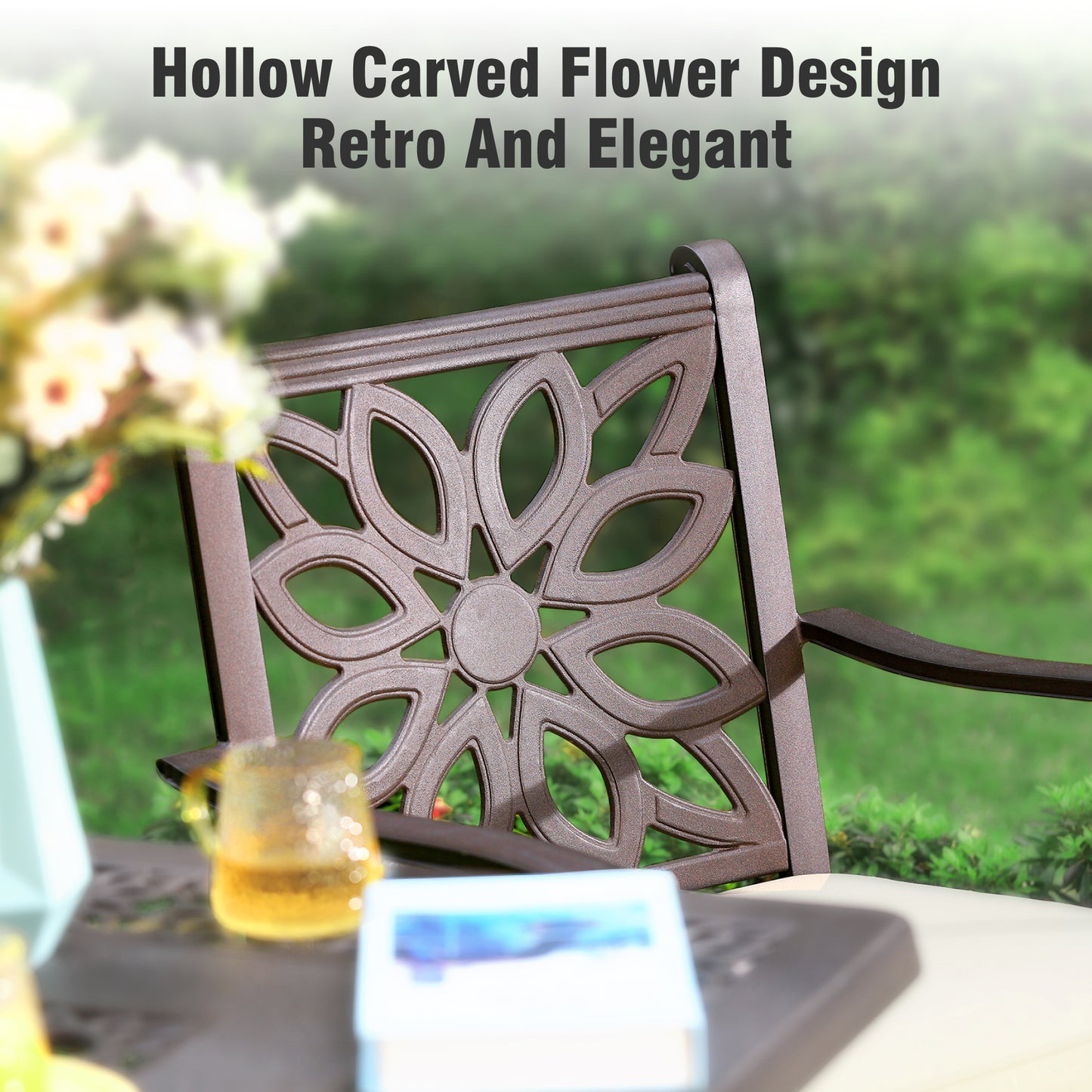 Captiva Designs Outdoor 7Pc Cast Aluminum Square Metal Dining Table with Umbrella Hole & Flower Back Chairs