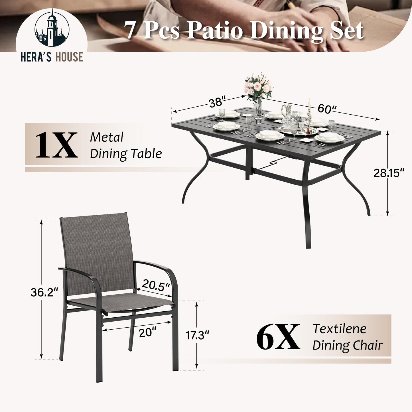 HERA'S HOUSE Patio Table and Chairs Set with Umbrella Hole, 7 Pieces All Weather Outdoor Patio Dining Sets for Backyard Lawn Deck