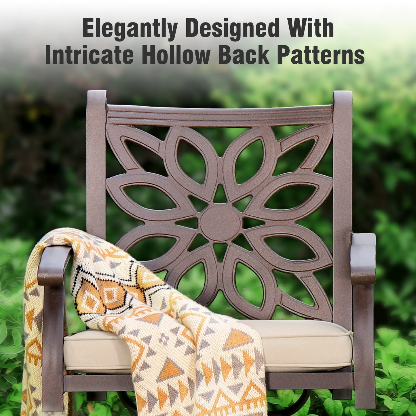 Captiva Designs Outdoor 7Pc Cast Aluminum Square Metal Dining Table with Umbrella Hole & Flower Back Chairs