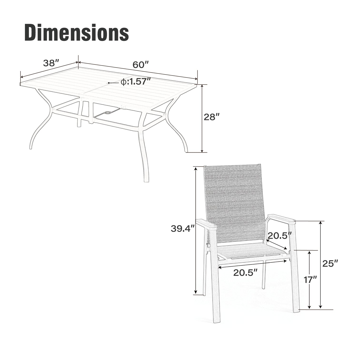 Captiva Designs 7 件套露台餐厅板条矩形桌子和米色特斯林椅子，配有仿木扶手