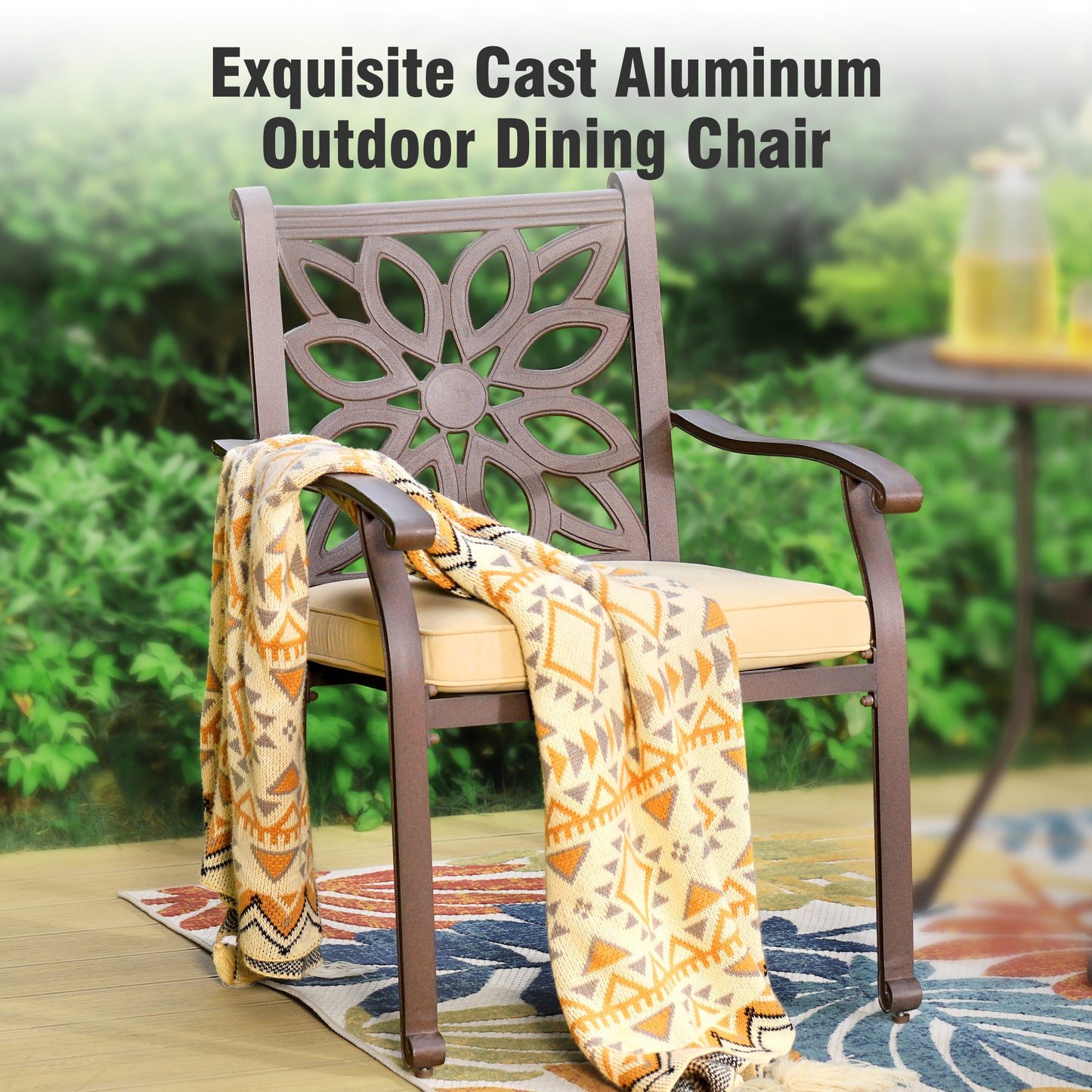 Captiva Designs Outdoor 7Pc Cast Aluminum Square Metal Dining Table with Umbrella Hole & Flower Back Chairs