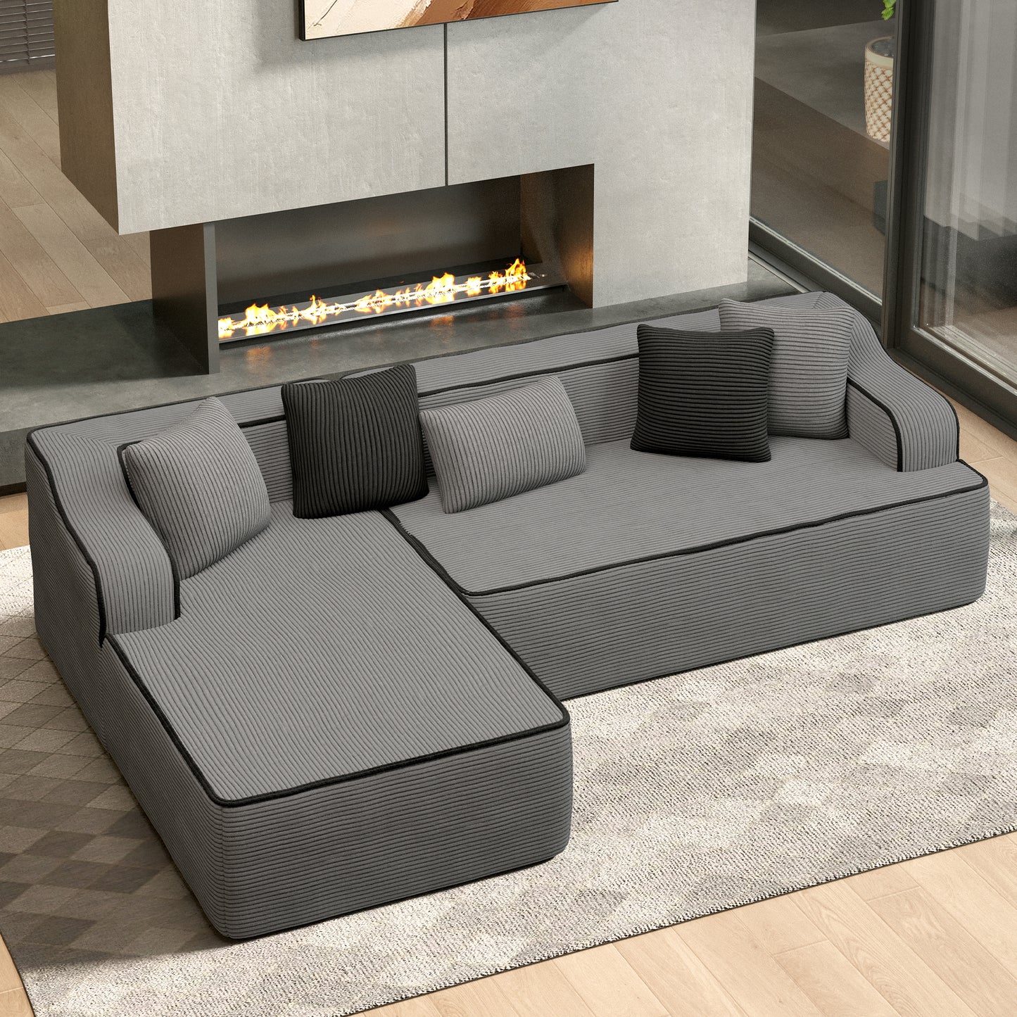 HERA'S HOUSE 105" L Shaped Sectional with Chaise, Living Room Cloud Couch, Corduroy Modular Sofa with Wide Armrest and 5 Pillows, No Assembly, Grey