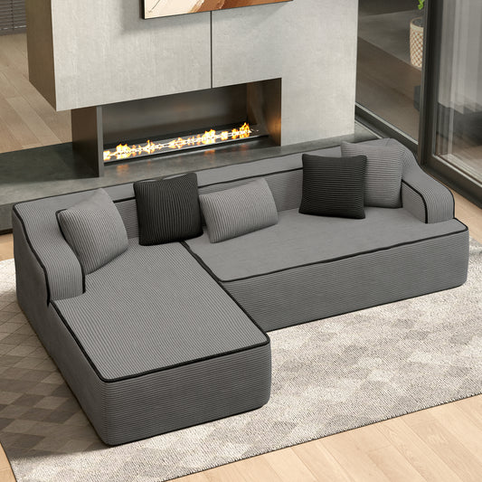 HERA'S HOUSE 105" L Shaped Sectional with Chaise, Living Room Cloud Couch, Corduroy Modular Sofa with Wide Armrest and 5 Pillows, No Assembly, Grey
