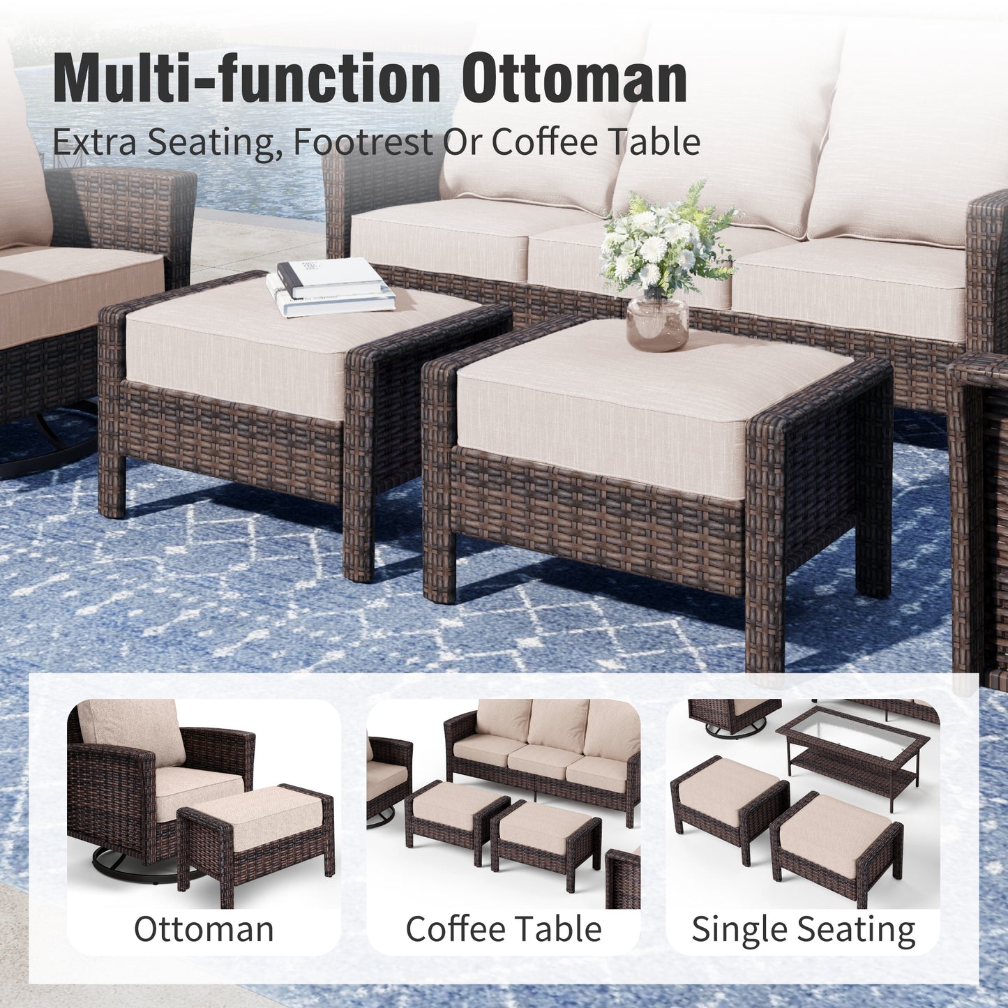 Captiva Designs Outdoor Patio Wicker Furniture Conversation Fire Pit Sets with Swivel Chairs with 5.5" Thick Cushions