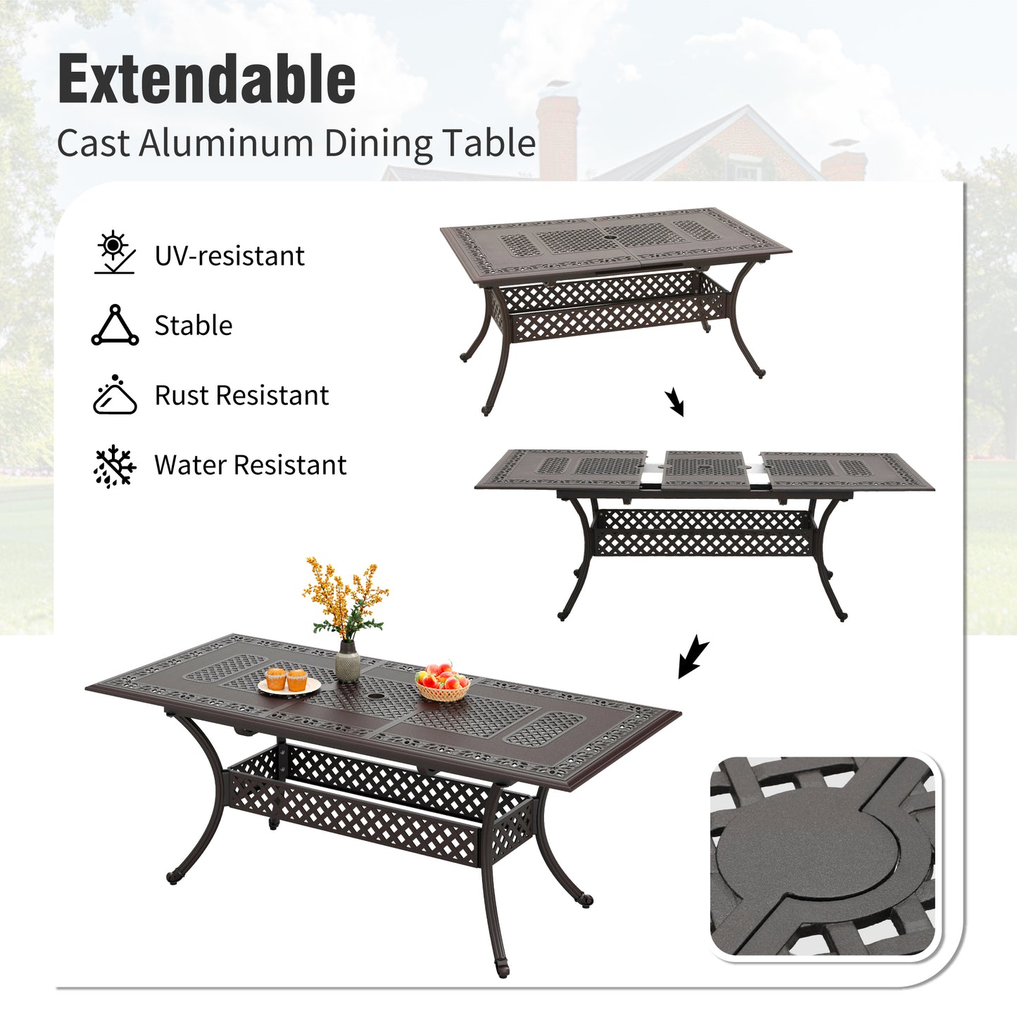 Captiva Designs Outdoor Patio Cast Aluminum Lawn Garden All Weather Engraved Cast-Top Dining Table