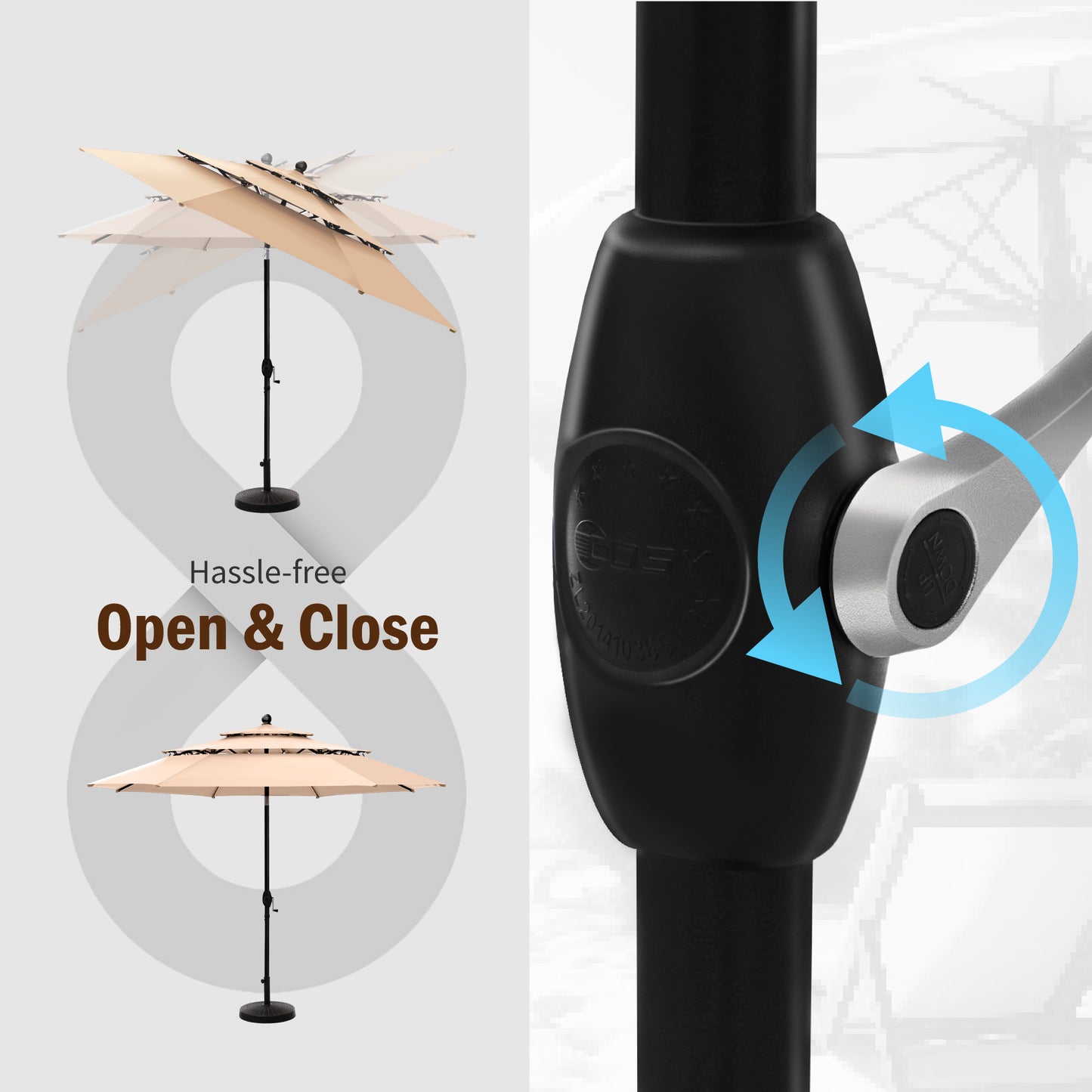 Captiva Designs 6pc Patio Round Dining Table & Stackable Fixed Chairs & 10ft 3 Tier Auto-tilt Umbrella