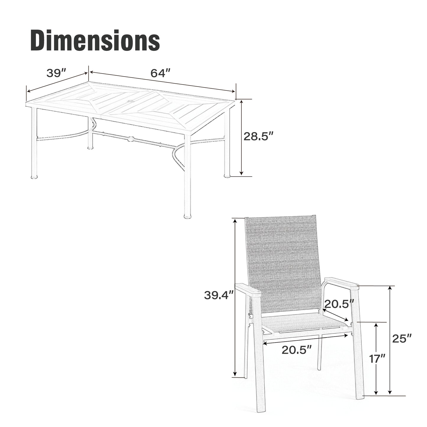 Captiva Designs 7 件套露台餐桌椅套装，配有几何图案长方形桌子和带木质扶手的吊带椅