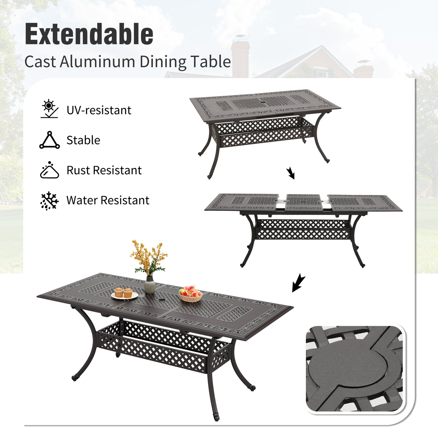 Captiva Designs Outdoor 7Pc Cast Aluminum Square Metal Dining Table with Umbrella Hole & Flower Back Chairs