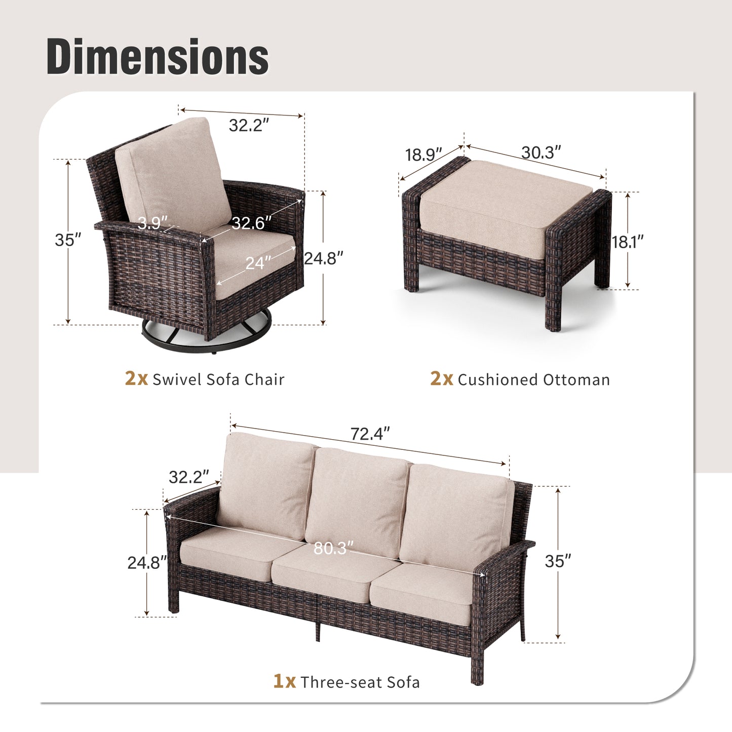 Captiva Designs Outdoor Patio Wicker Furniture Conversation Fire Pit Sets with Swivel Chairs with 5.5" Thick Cushions