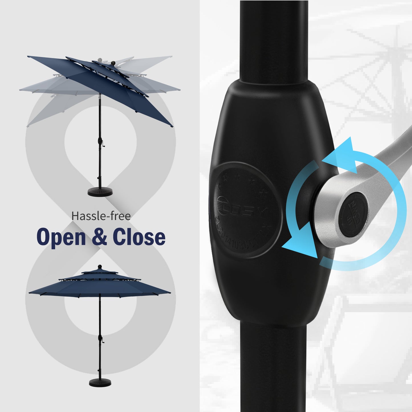 Captiva Designs 6pc Patio Slat-top Black Dining Table & Crescent Arm Rattan Chairs & Market Umbrella