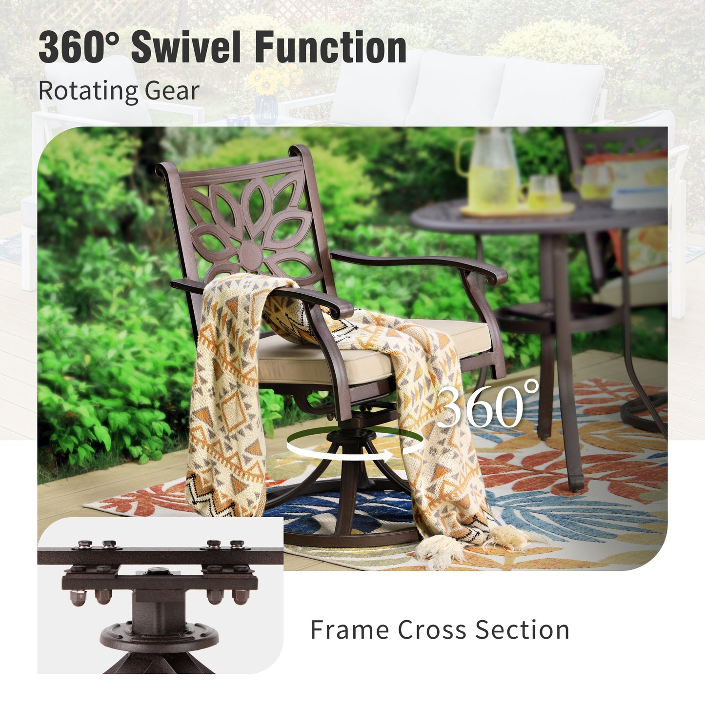 Captiva Designs Outdoor 7Pc Cast Aluminum Square Metal Dining Table with Umbrella Hole & Flower Back Chairs