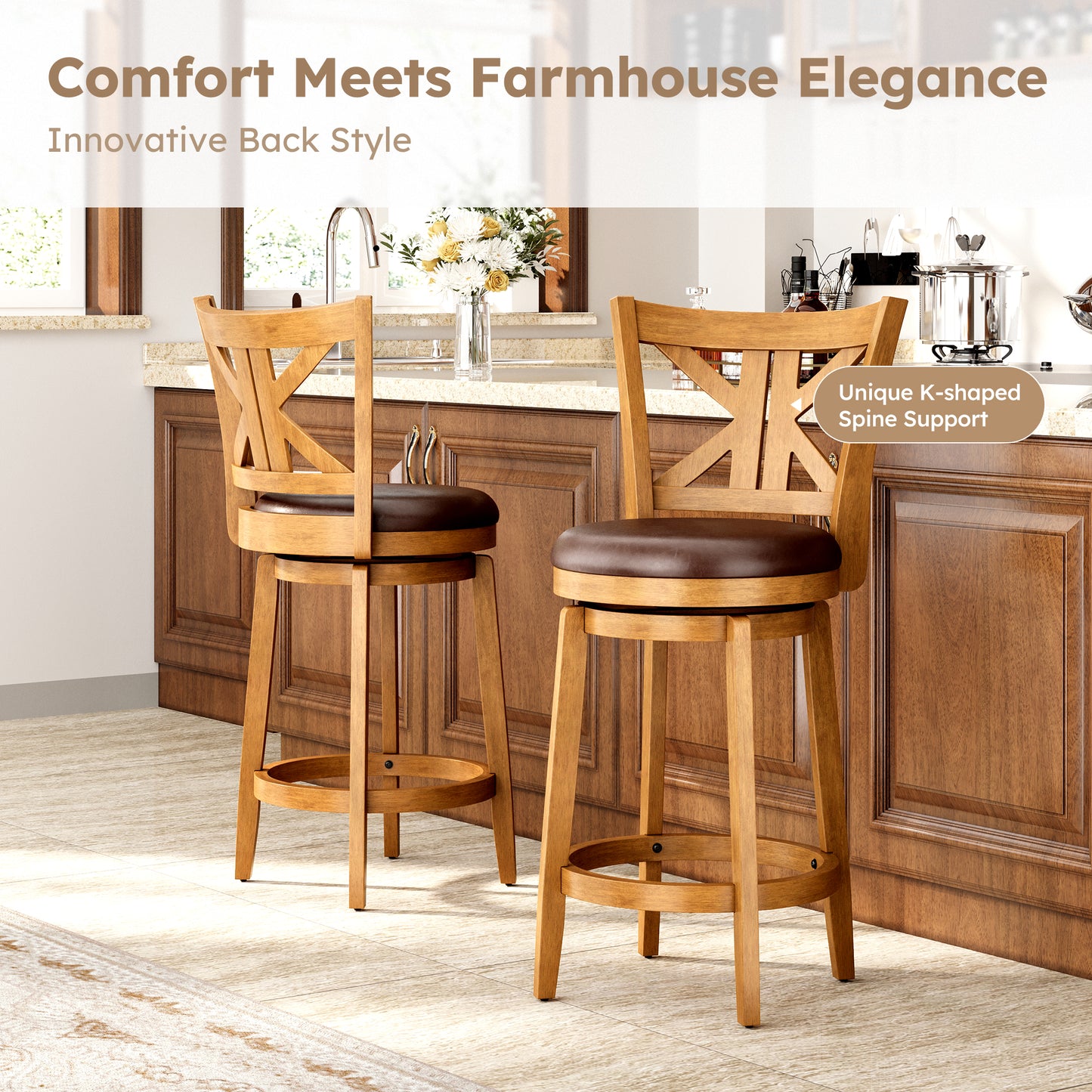 Captiva Designs Counter & Bar Height Swivel Bar Stools with Faux Leather Upholstered Seat & Rubberwood Frame & Wrap-Around Footrest