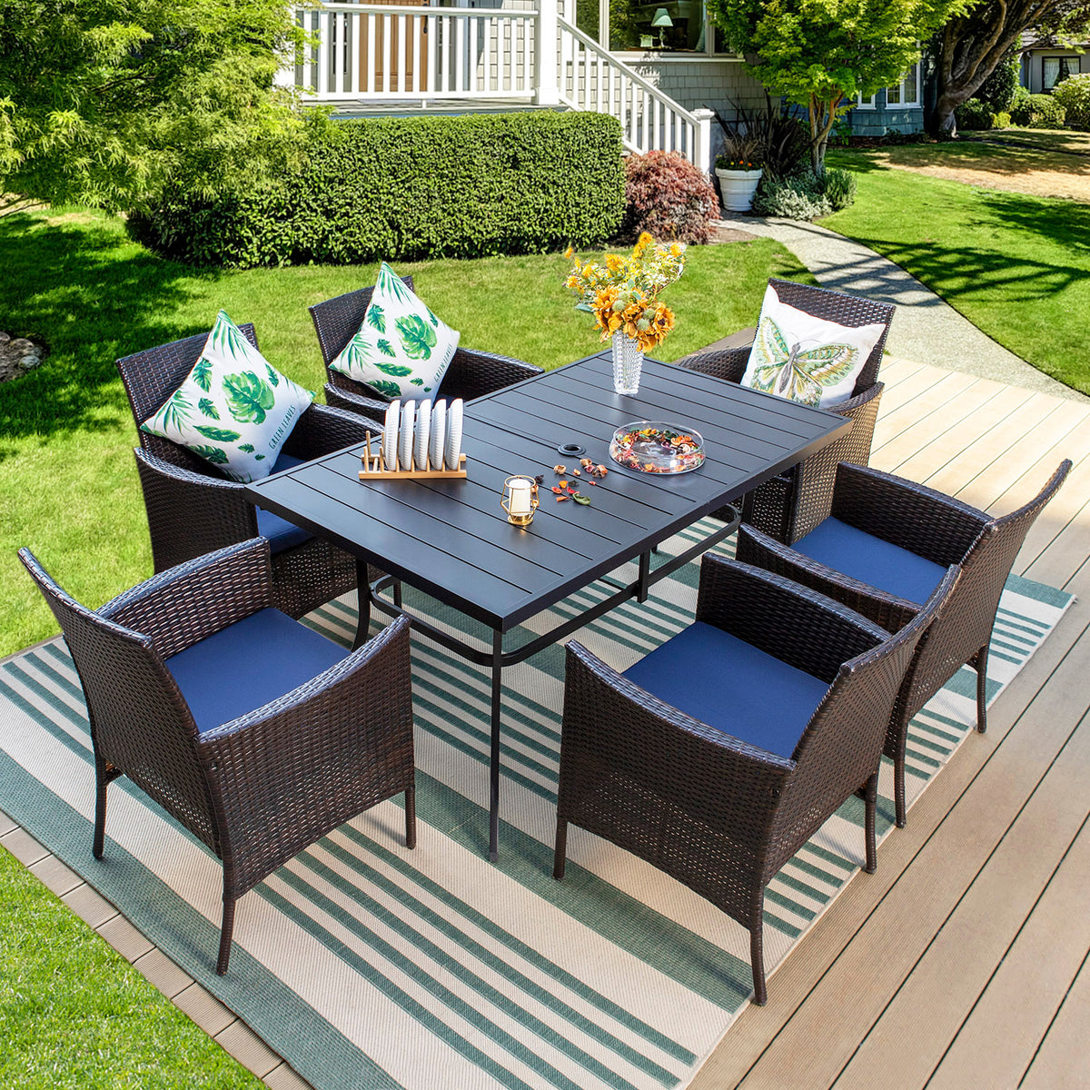 Captiva Designs 7pc Patio Slatted Top Steel Dining Table with Umbrella Hole & Cushioned Armrest Rattan Chairs
