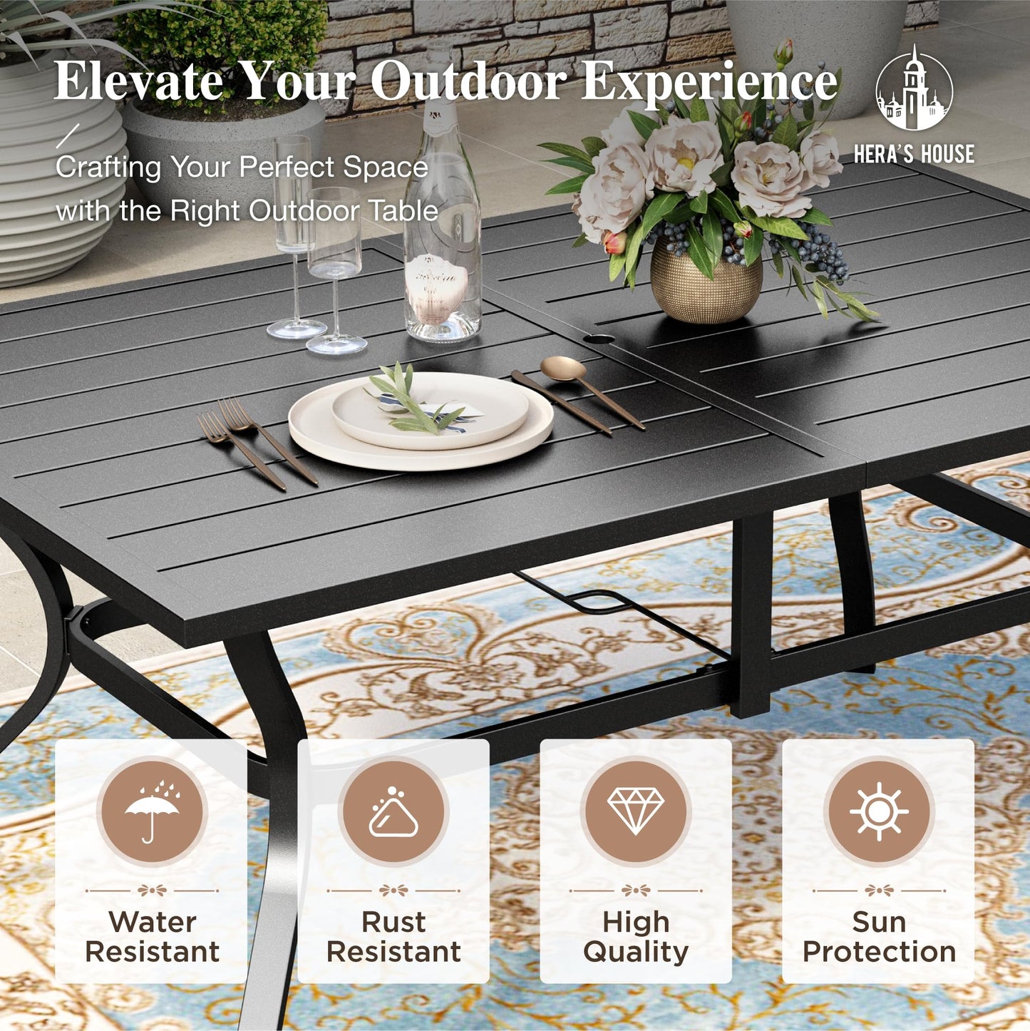 HERA'S HOUSE Patio Table and Chairs Set with Umbrella Hole, 7 Pieces All Weather Outdoor Patio Dining Sets for Backyard Lawn Deck