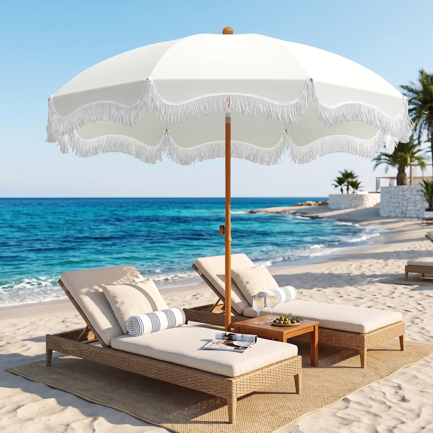 Captiva Designs 7ft Portable Patio Umbrella with Fringe - Stylish Outdoor Shade with UPF 50+ Protection