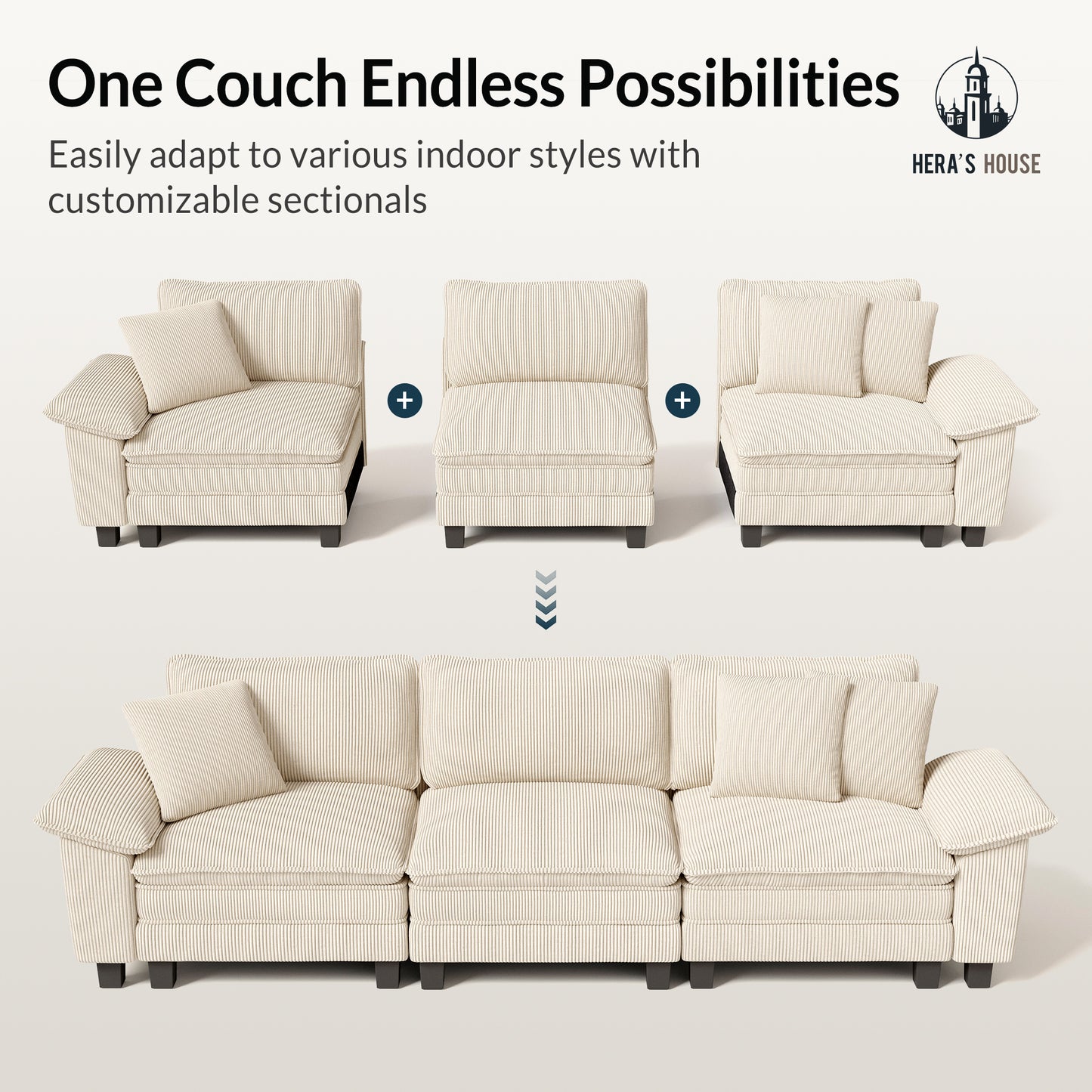 HERA'S HOUSE 3 Pieces Modular Sectional Sofa Sets, Oversized Couch Set with Loveseats and Armchair, Comfy Cloud Couches with Throw Pillows, 6-Seater Deep Seat Sofa for Living Room, Corduroy Beige