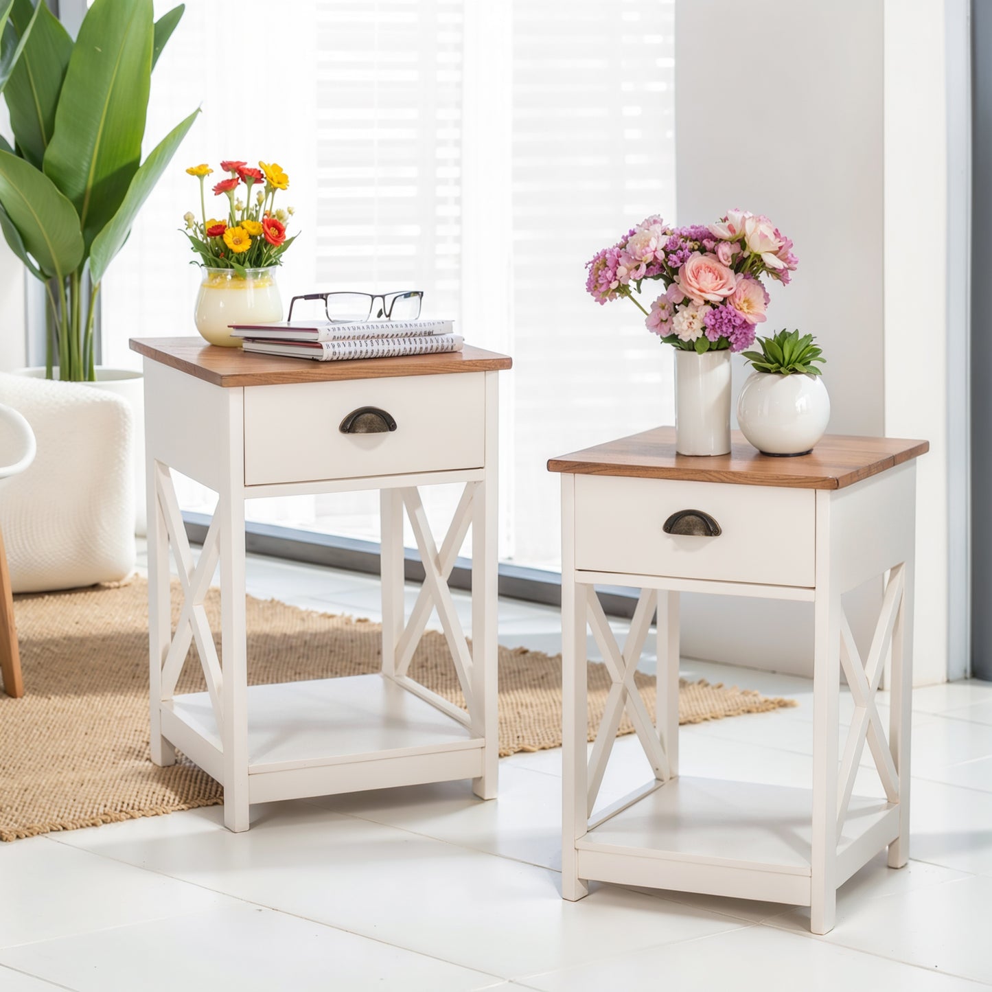 Captiva Designs Farmhouse End Table Set of 2, Side Tables with X-Shape Design, Wooden Nightstands for Living Room or Bedroom