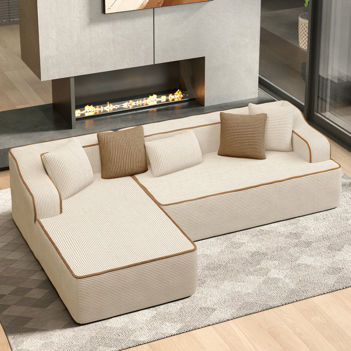 HERA'S HOUSE 105" L Shaped Sectional with Chaise, Living Room Cloud Couch, Corduroy Modular Sofa with Wide Armrest and 5 Pillows, No Assembly, Beige
