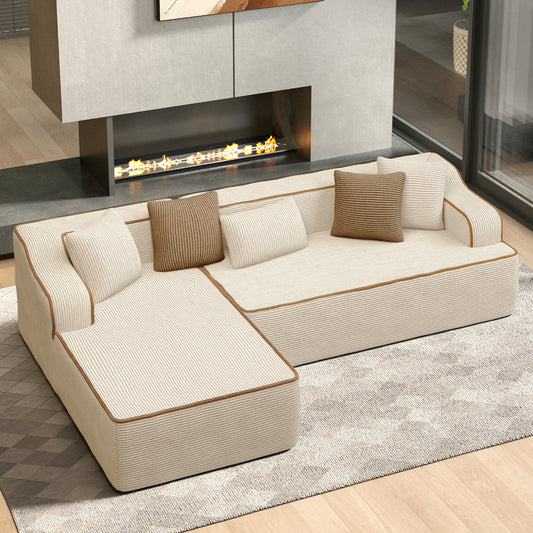 HERA'S HOUSE 105" L Shaped Sectional with Chaise, Living Room Cloud Couch, Corduroy Modular Sofa with Wide Armrest and 5 Pillows, No Assembly, Beige
