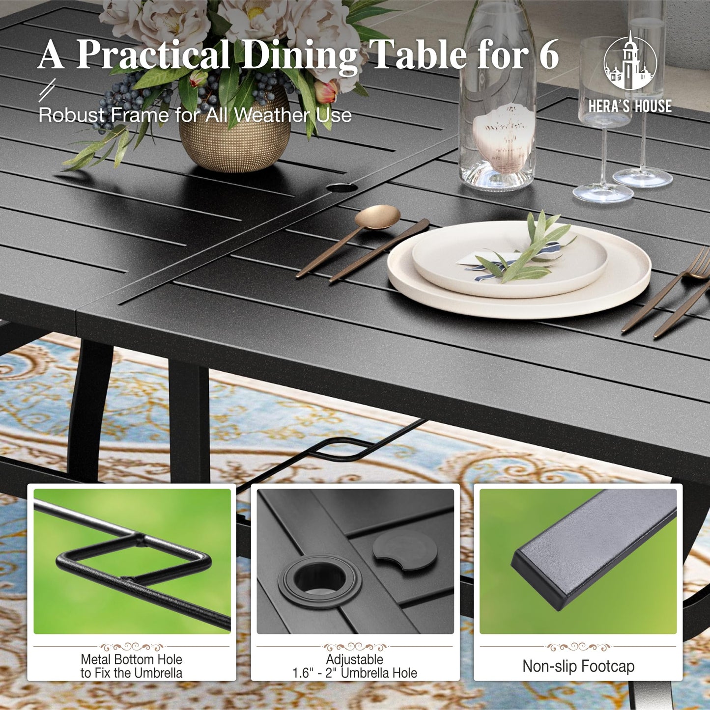 HERA'S HOUSE Patio Table and Chairs Set with Umbrella Hole, 7 Pieces All Weather Outdoor Patio Dining Sets for Backyard Lawn Deck