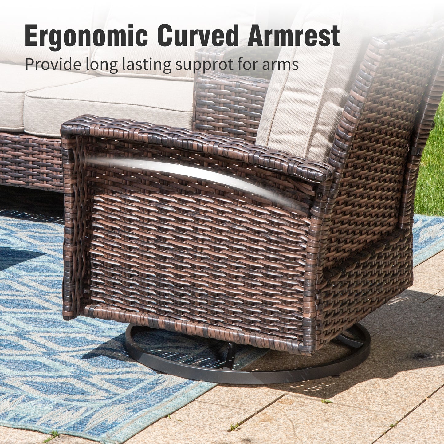 Captiva Designs Outdoor Patio Wicker Furniture Conversation Fire Pit Sets with Swivel Chairs with 5.5" Thick Cushions