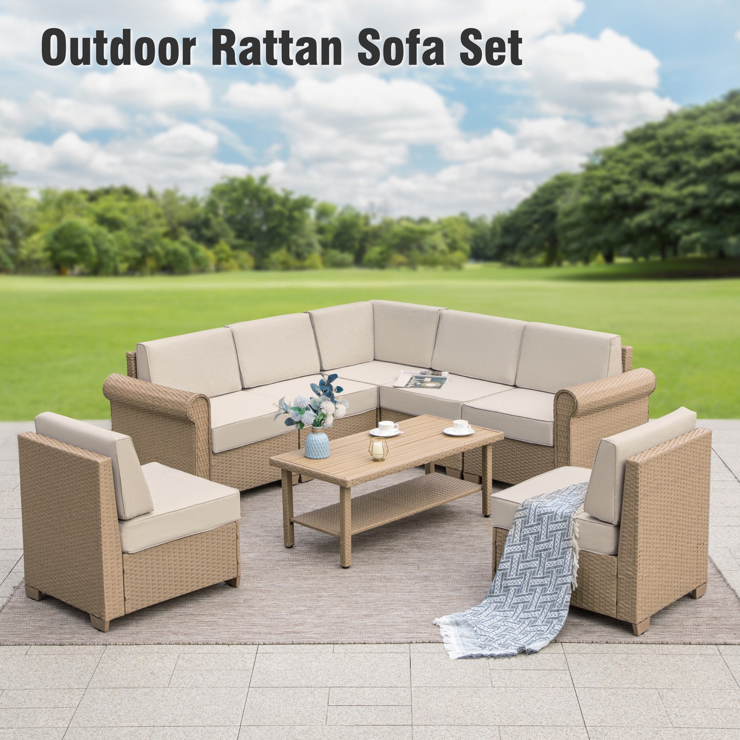 Captiva Designs Large Outdoor Patio Sectional Sofa Wicker Furniture Conversation Set with Cushions