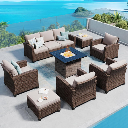 SUNSHINE VALLEY Patio Furniture Set Outdoor Furniture Brown Wicker Rattan Patio Conversation Sets with Cushion Outside Sofa Set,7 Pieces with Firepit Table,9 Seats,Beige