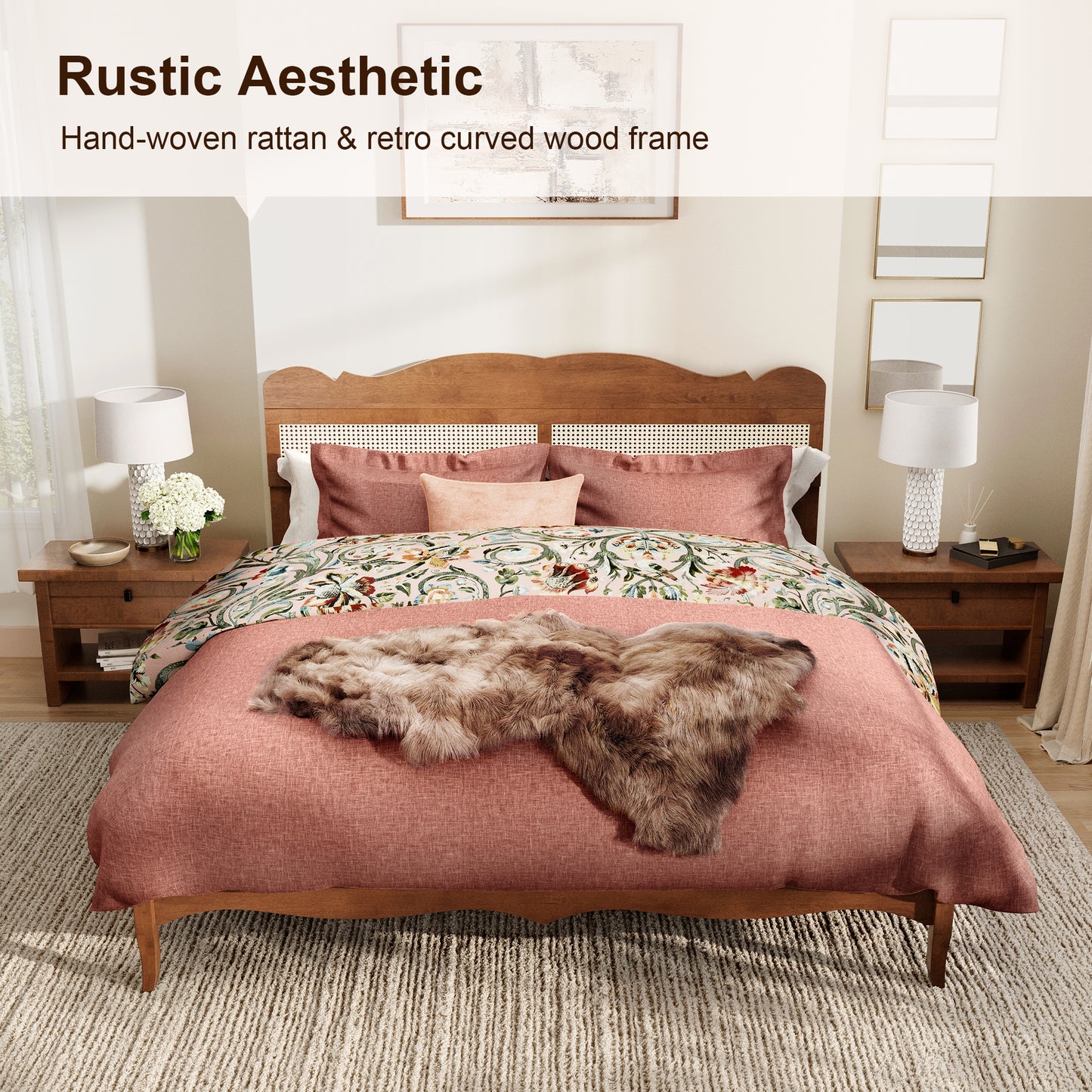 Captiva Designs Wood Platform Bed Frame with Height Adjustable Woven Rattan Headboard and Reinforced Slats Support, No Box Spring Needed