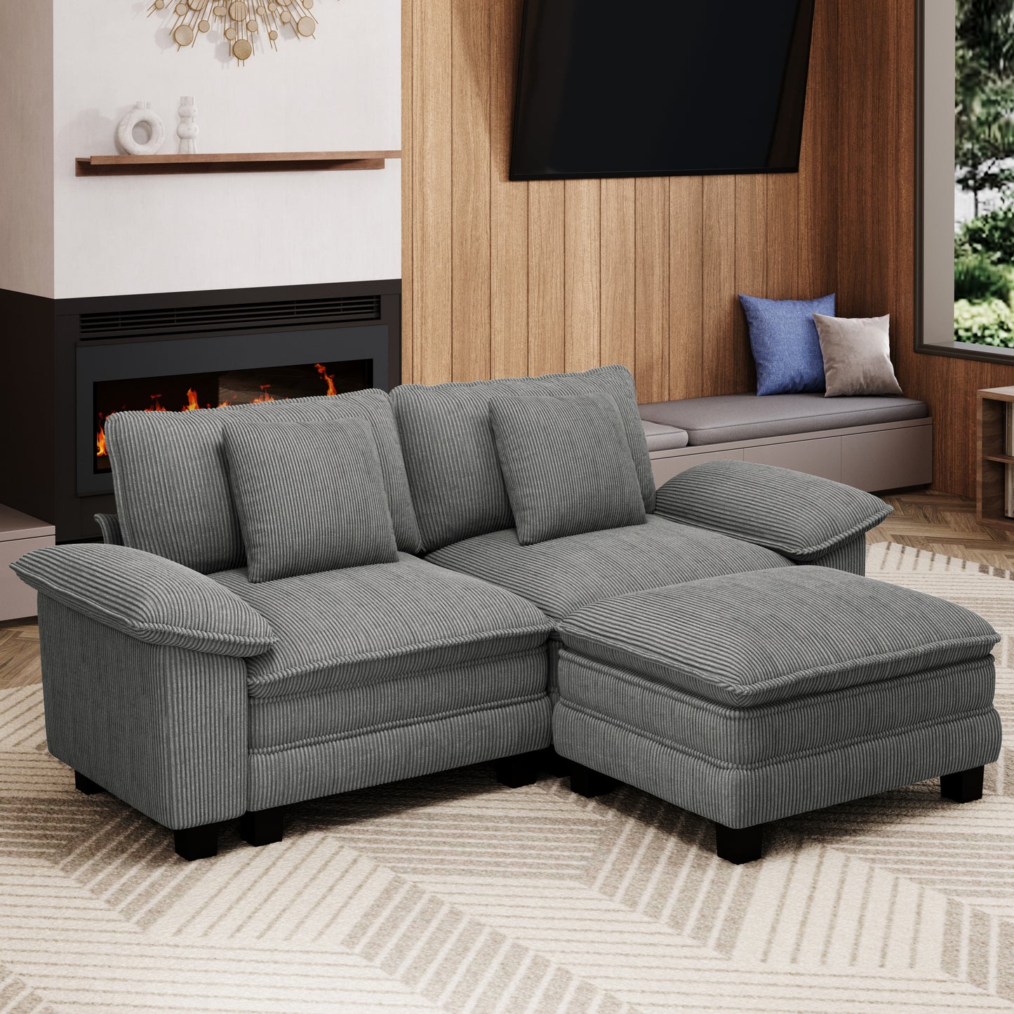 MIXPATIO Modular Sectional Couch Cloud Sofa Grey 88" L, Modern Sectional Couches for Living Room, Wider Armrest and Deep Seat, Comfy Cloud Sofa, Soft Corduroy Furniture