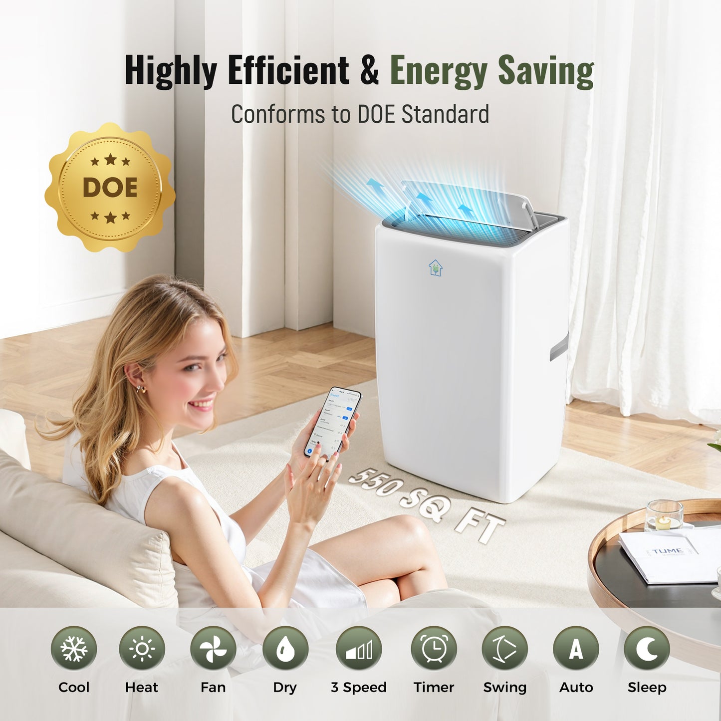 Captiva Designs Portable Air Conditioner Smart Quiet AC Unit with App and Remote Control & 24H Timer