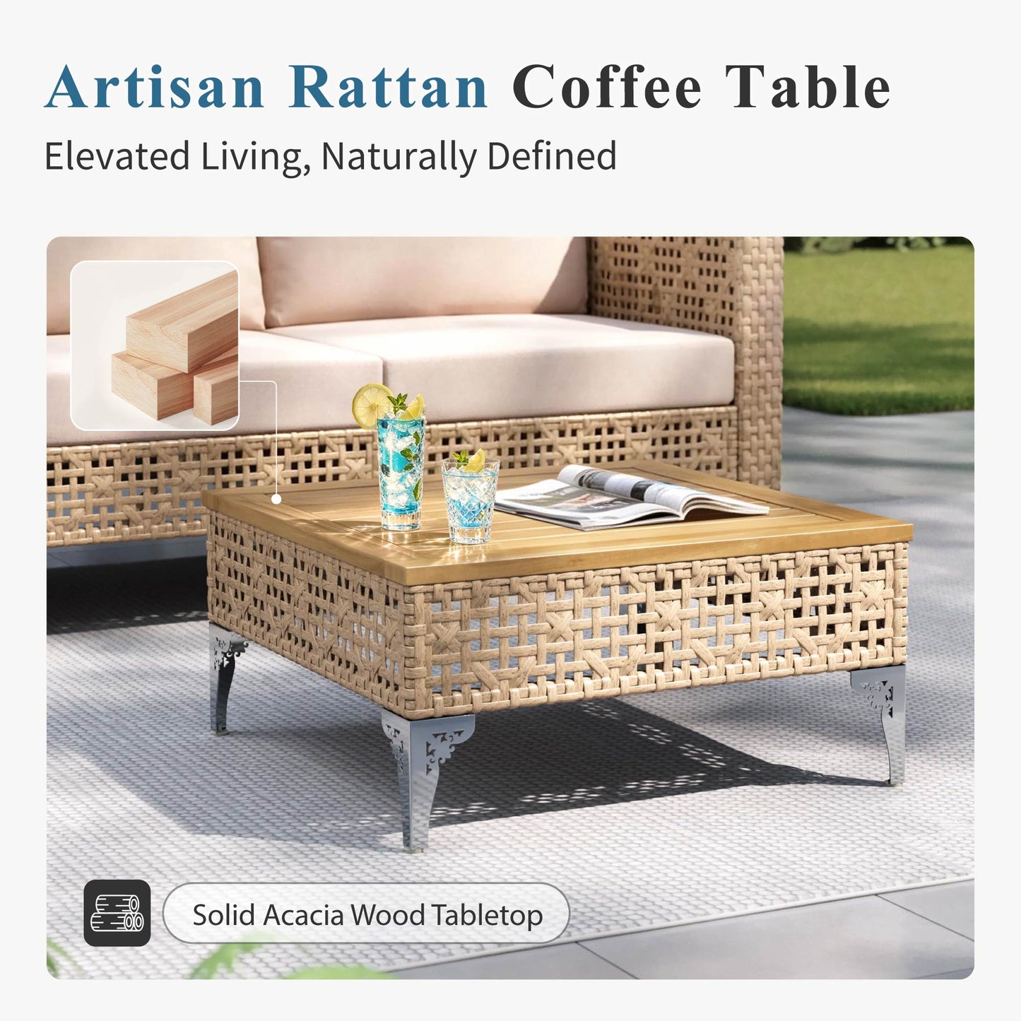 Captiva Designs Boho Patio Outdoor Wicker Rattan Conversation Set with Coffee Table for Backyard, Porch