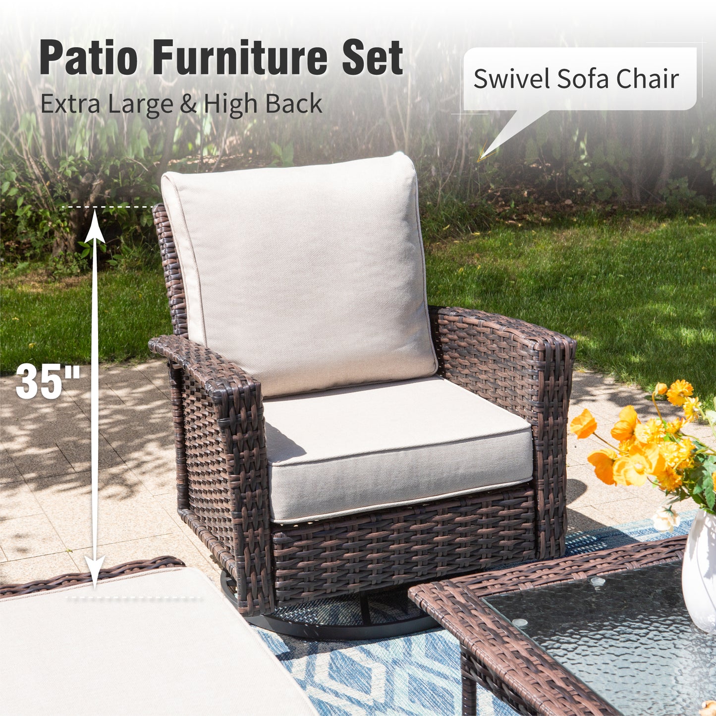 Captiva Designs Outdoor Patio Wicker Furniture Conversation Fire Pit Sets with Swivel Chairs with 5.5" Thick Cushions