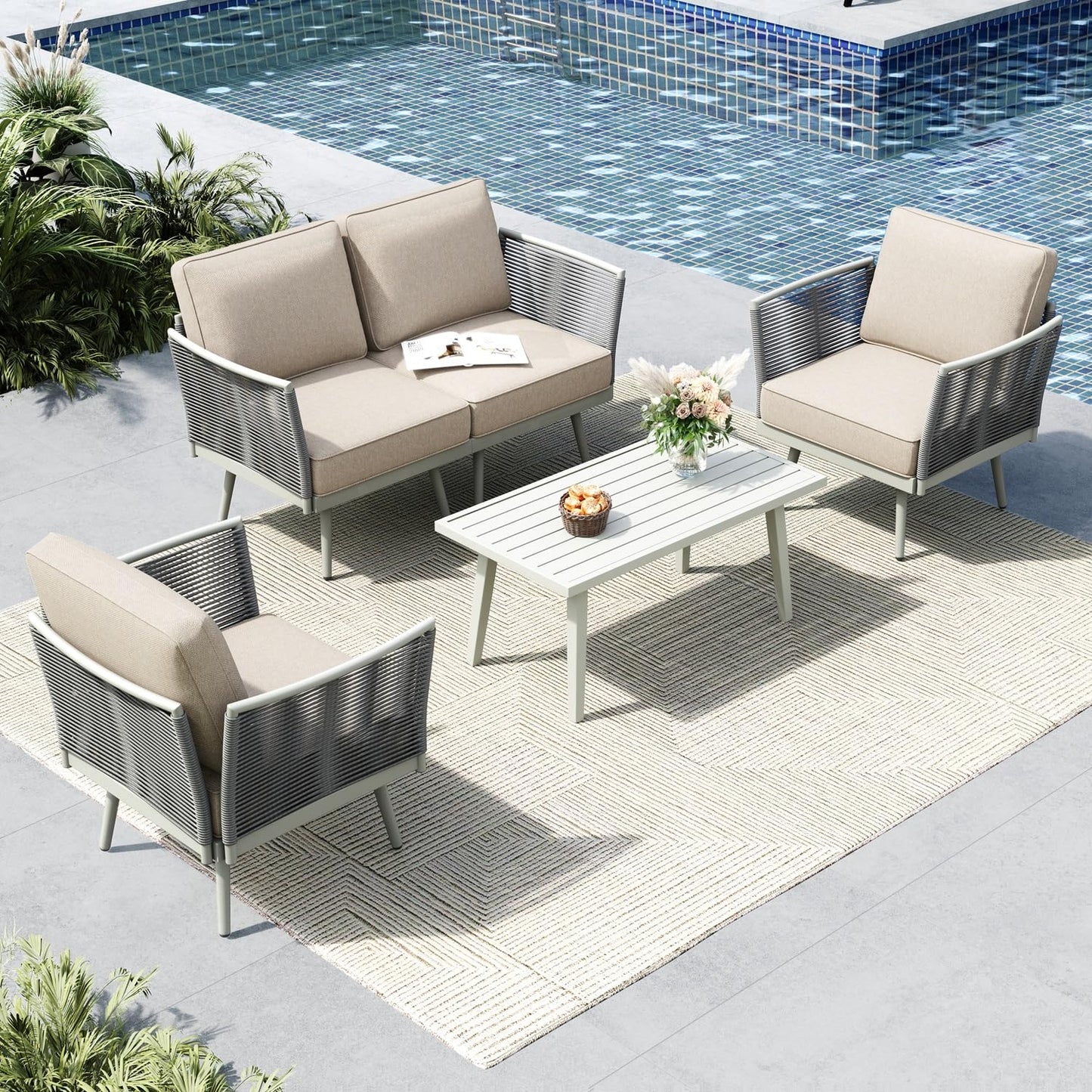 MFSTUDIO 4-Seat Rope Patio Furniture Set with Cushion