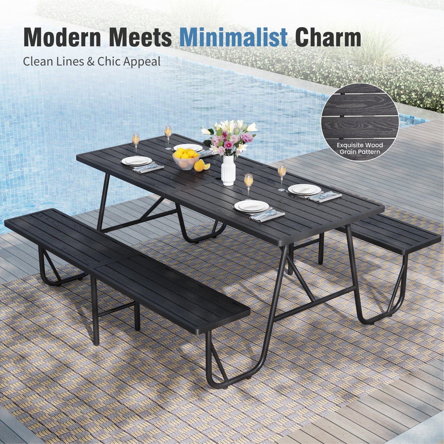 Captiva Designs Outdoor Wood Grain Dining Set with A Shaped Frame Design & Umbrella Hole