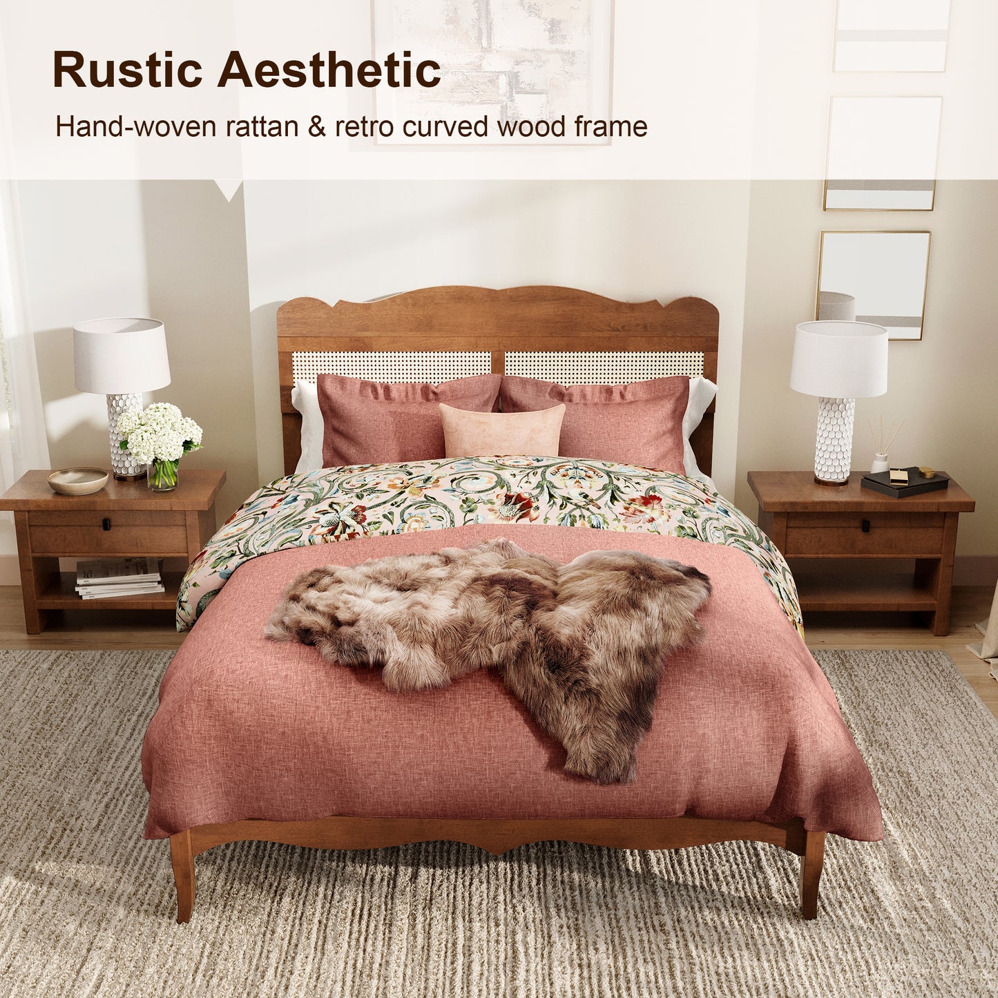 Captiva Designs Wood Platform Bed Frame with Height Adjustable Woven Rattan Headboard and Reinforced Slats Support, No Box Spring Needed