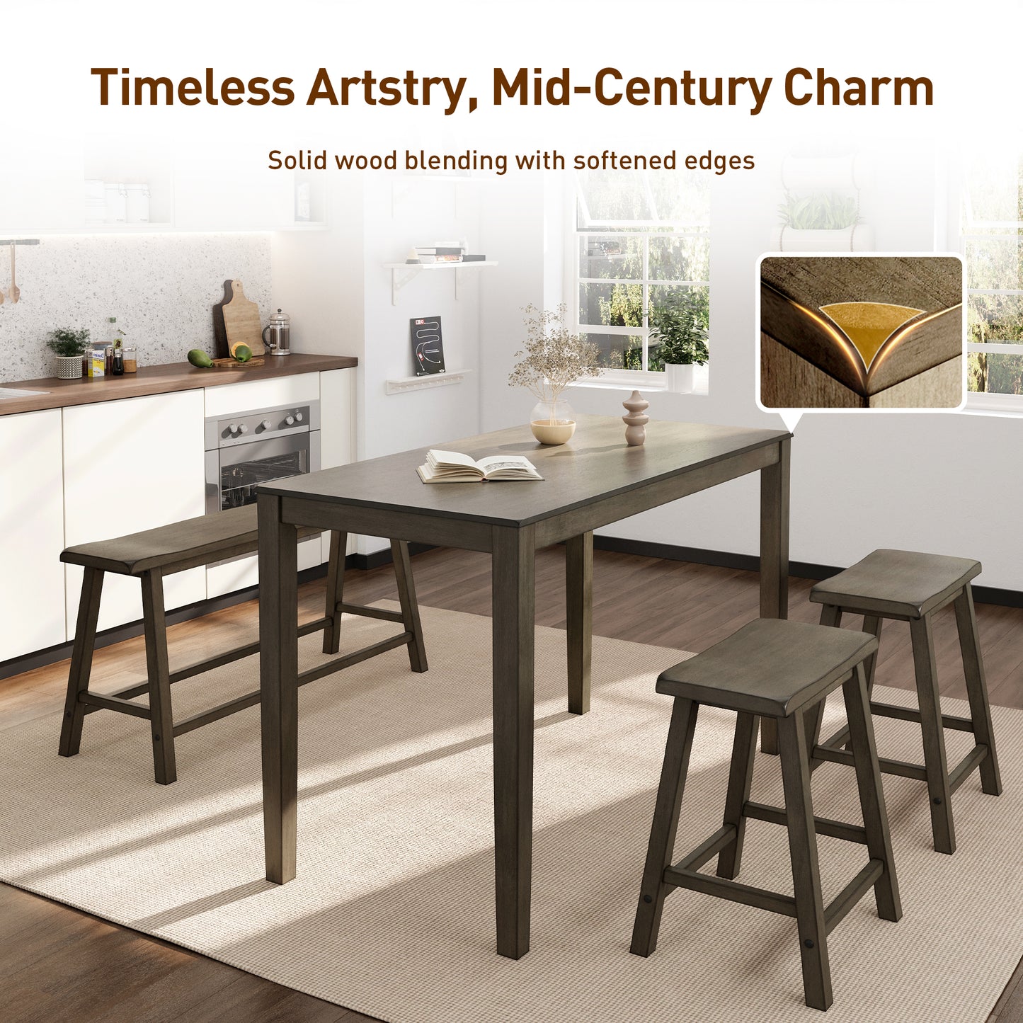 Captiva Designs 4 Piece Wood Dining Table Set with Rectangular Dining Table & Stools & Bench