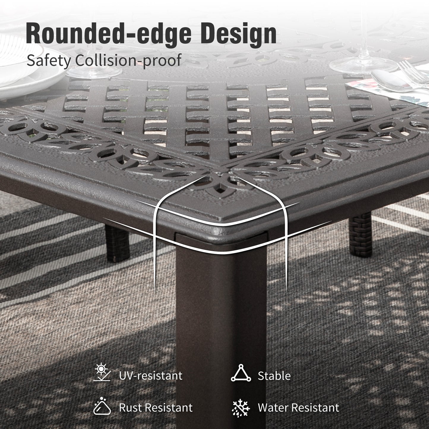 Captiva Designs Outdoor 9Pc Cast Aluminum Square Metal Dining Table with Umbrella Hole & Cushioned Wicker Rattan Chairs