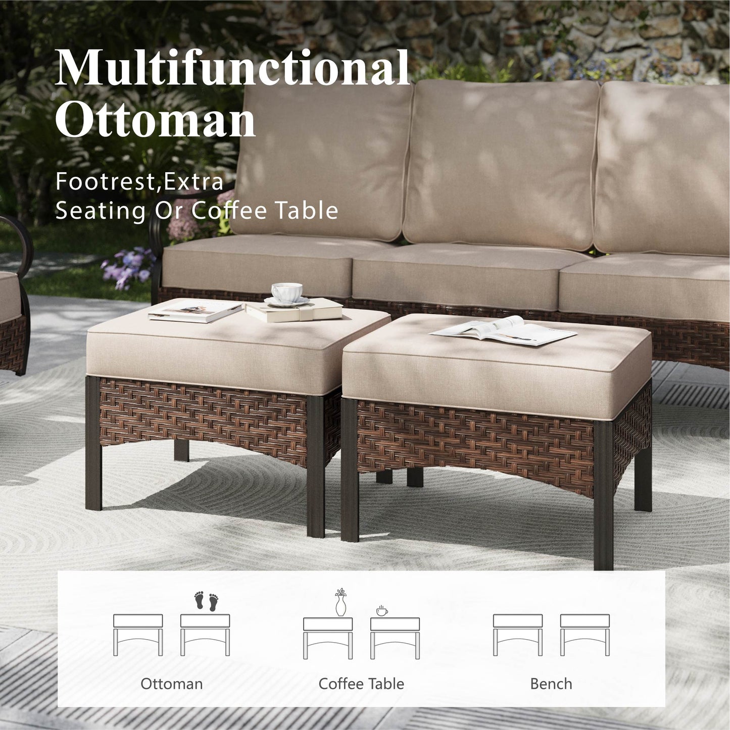 Captiva Designs 6pc Extra Large Metal and Rattan Outdoor Patio Conversation Set with Coffee Table and Ottomans