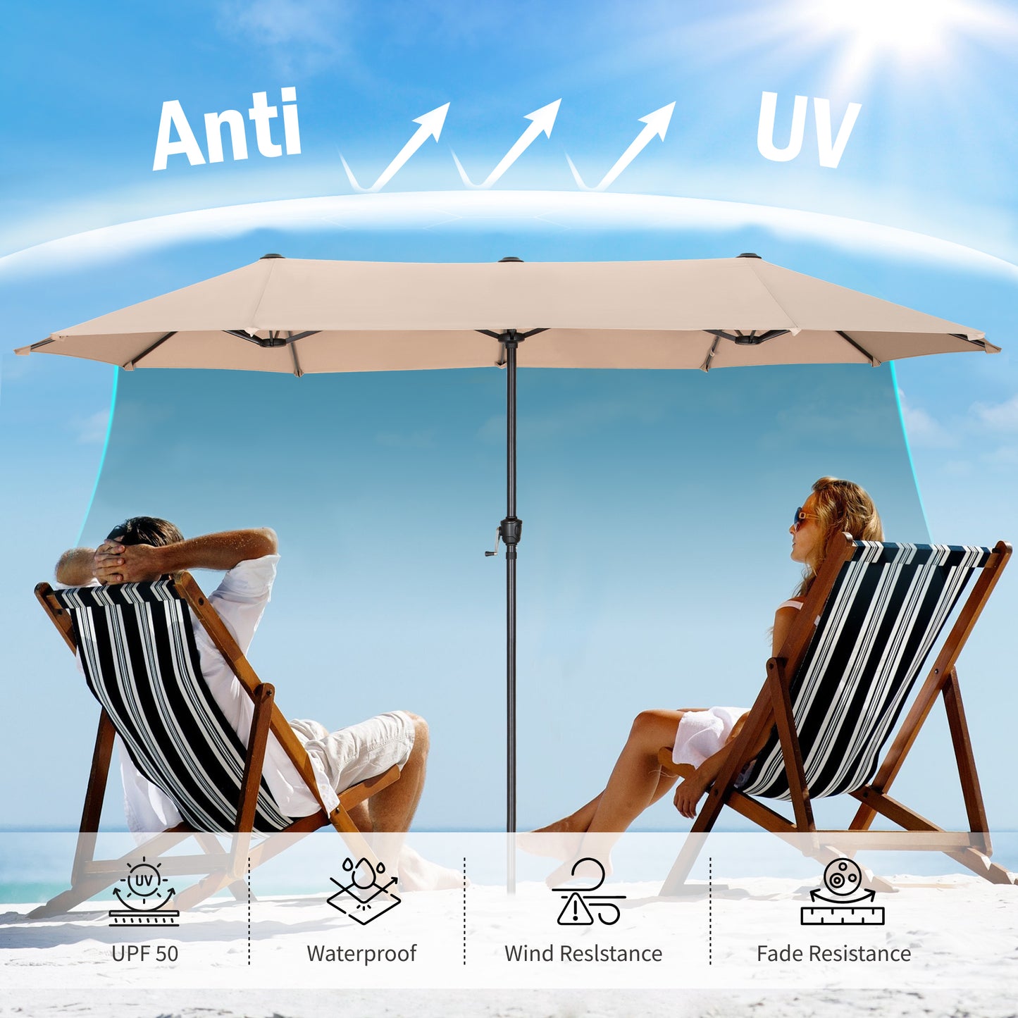 Captiva Designs 8pc Patio Slat-top Black Dining Table & Crescent Arm Rattan Chairs & Market Umbrella