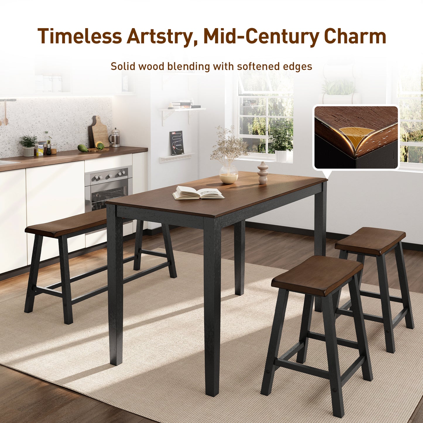 Captiva Designs 4 Piece Wood Dining Table Set with Rectangular Dining Table & Stools & Bench