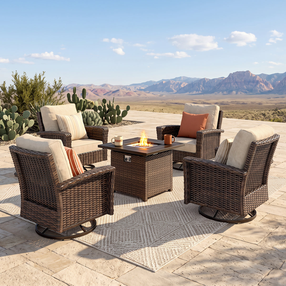 Captiva Designs Outdoor Patio Cushioned Wicker Furniture Conversation Fire Pit Sets with Swivel Chairs