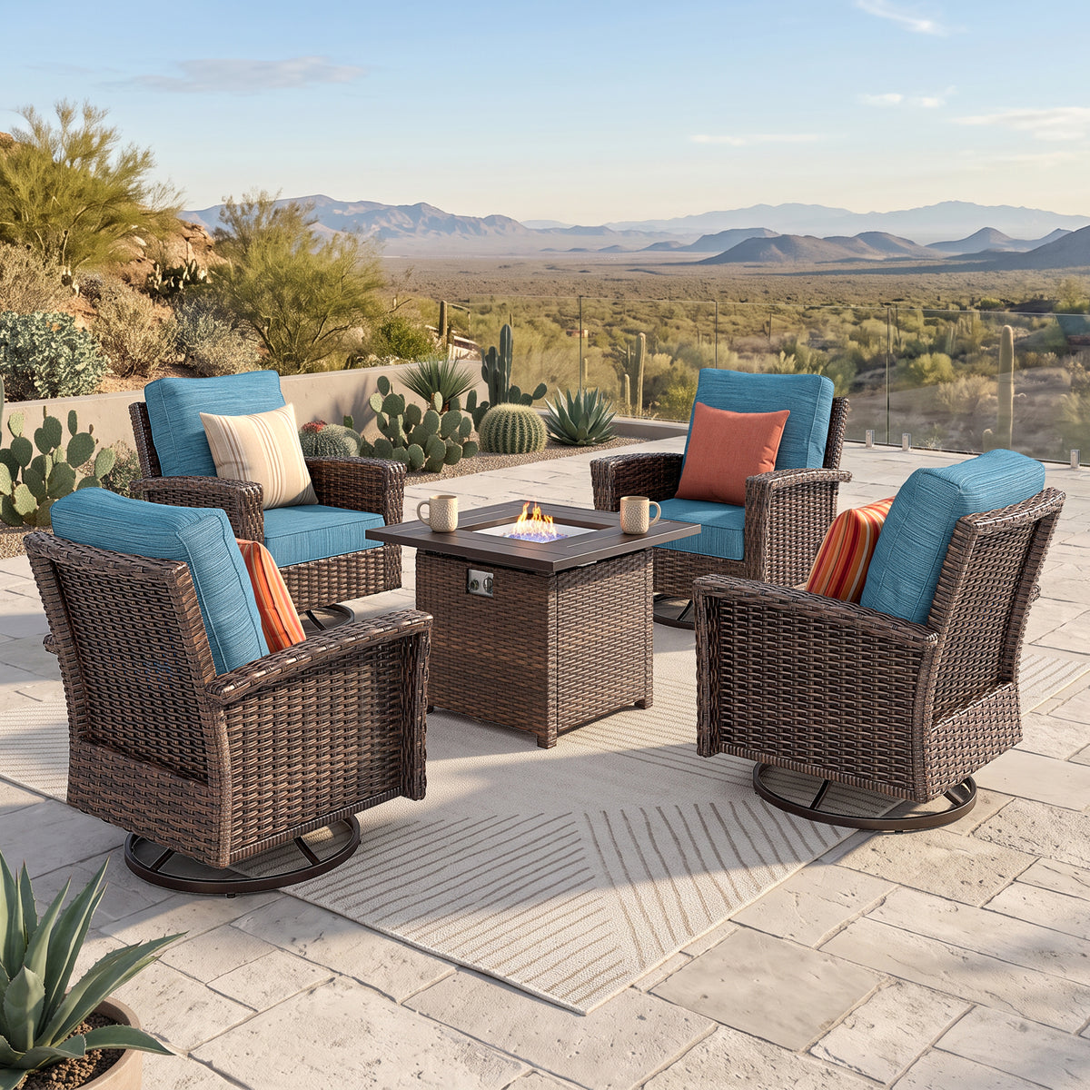 Captiva Designs Outdoor Patio Cushioned Wicker Furniture Conversation Fire Pit Sets with Swivel Chairs