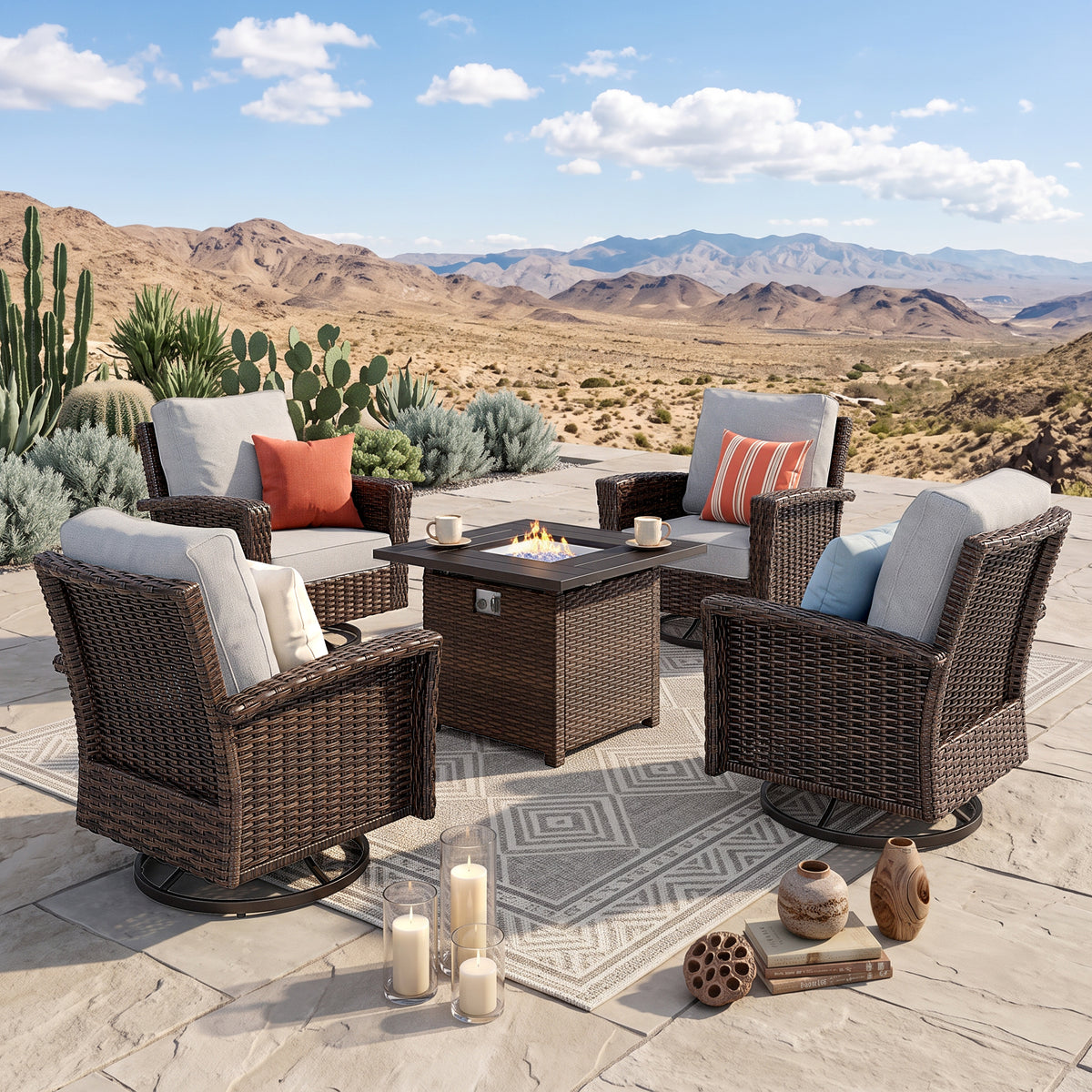 Captiva Designs Outdoor Patio Cushioned Wicker Furniture Conversation Fire Pit Sets with Swivel Chairs