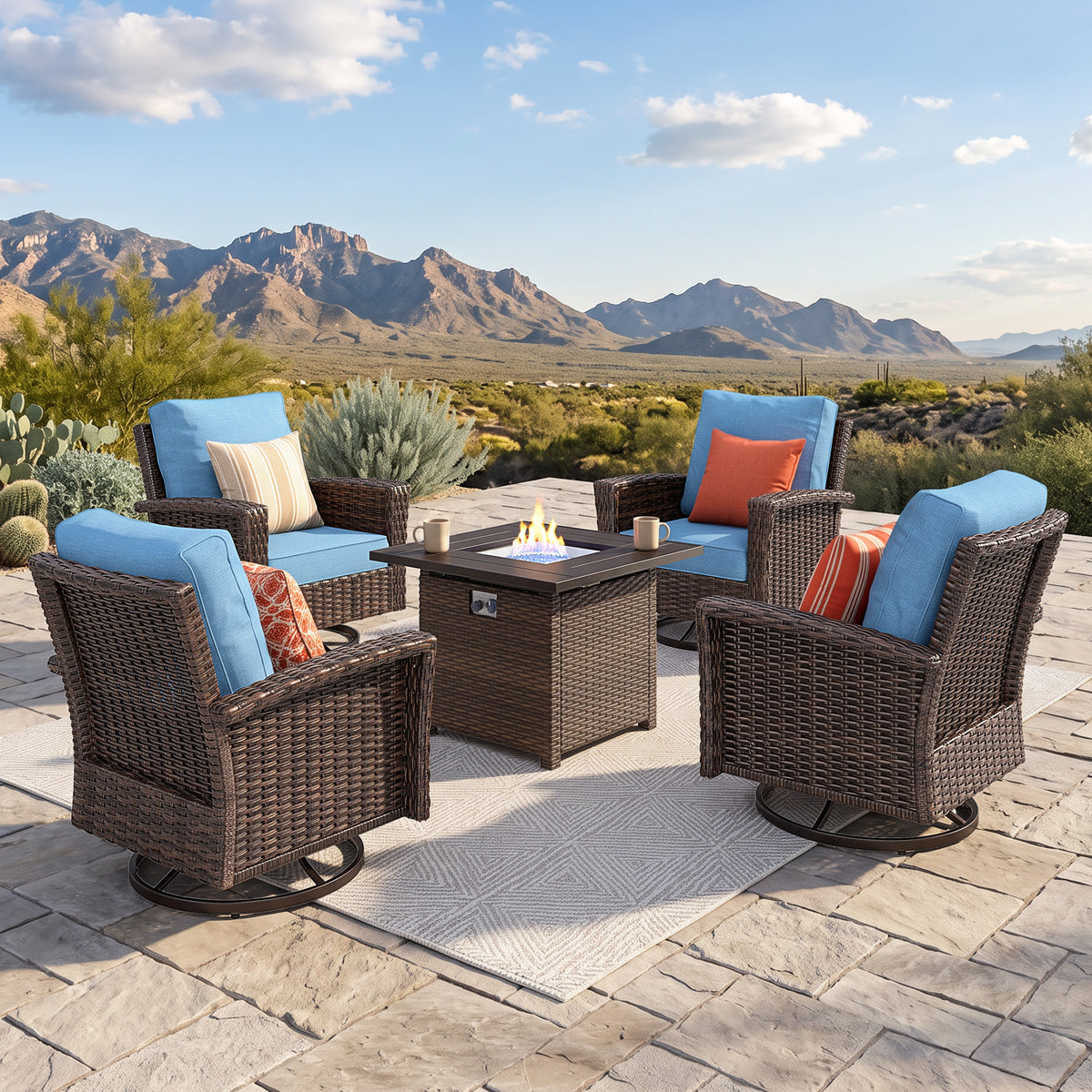 Captiva Designs Outdoor Patio Cushioned Wicker Furniture Conversation Fire Pit Sets with Swivel Chairs