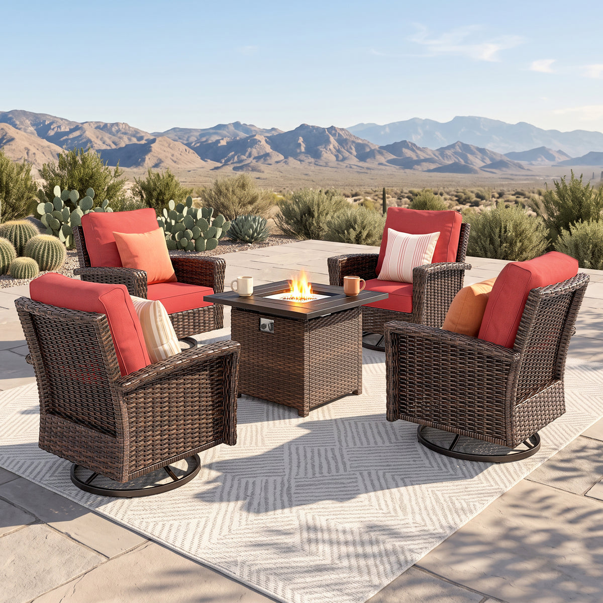 Captiva Designs Outdoor Patio Cushioned Wicker Furniture Conversation Fire Pit Sets with Swivel Chairs