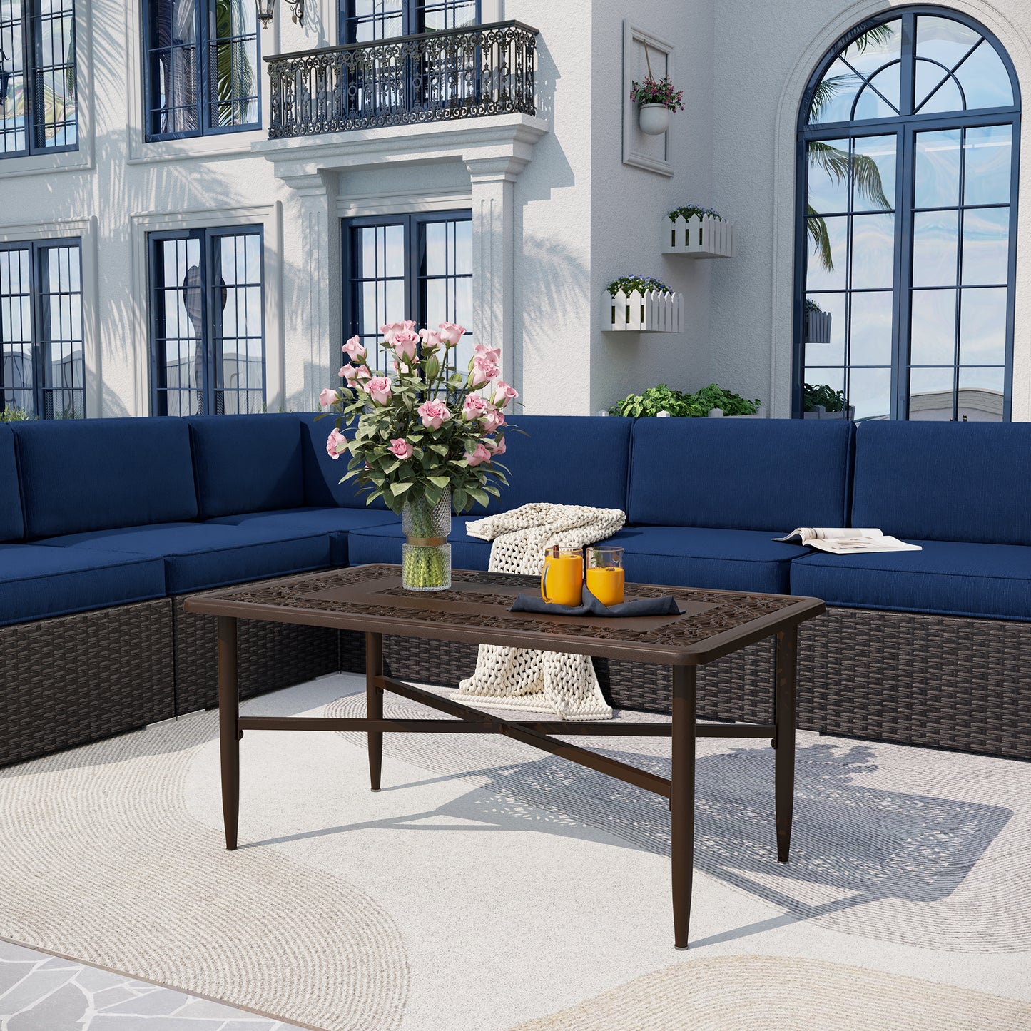 Captiva Designs Outdoor Patio Cast Aluminum Lawn Garden All Weather Engraved Cast-Top Dining Table