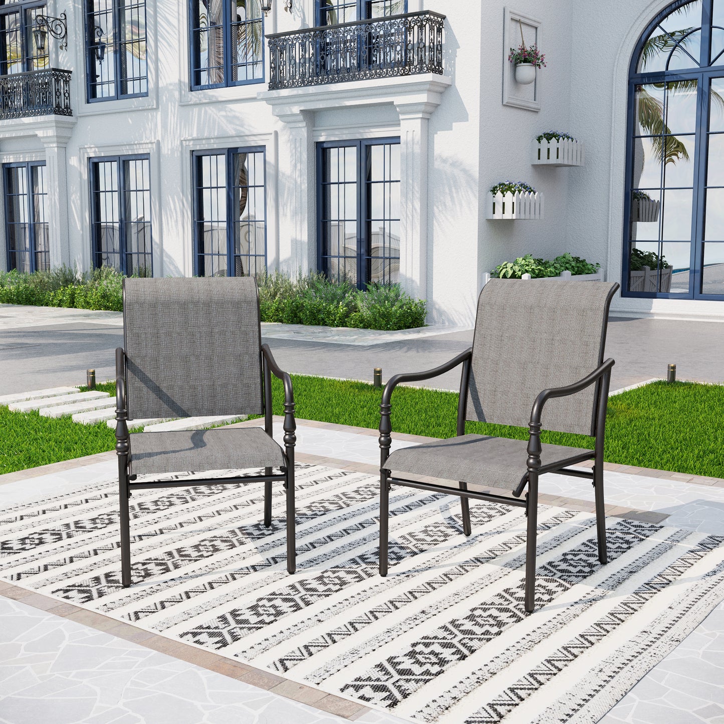 Captiva Designs 9pc Spacious Slat-top Rectangle Metal Table with Umbrella Hole & Fixed Steel Chairs with Gourd Head Armrests