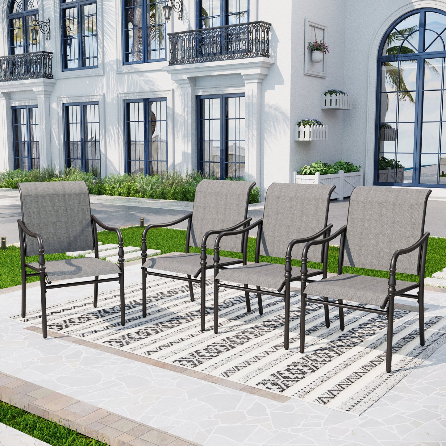 Captiva Designs 9pc Spacious Slat-top Rectangle Metal Table with Umbrella Hole & Fixed Steel Chairs with Gourd Head Armrests