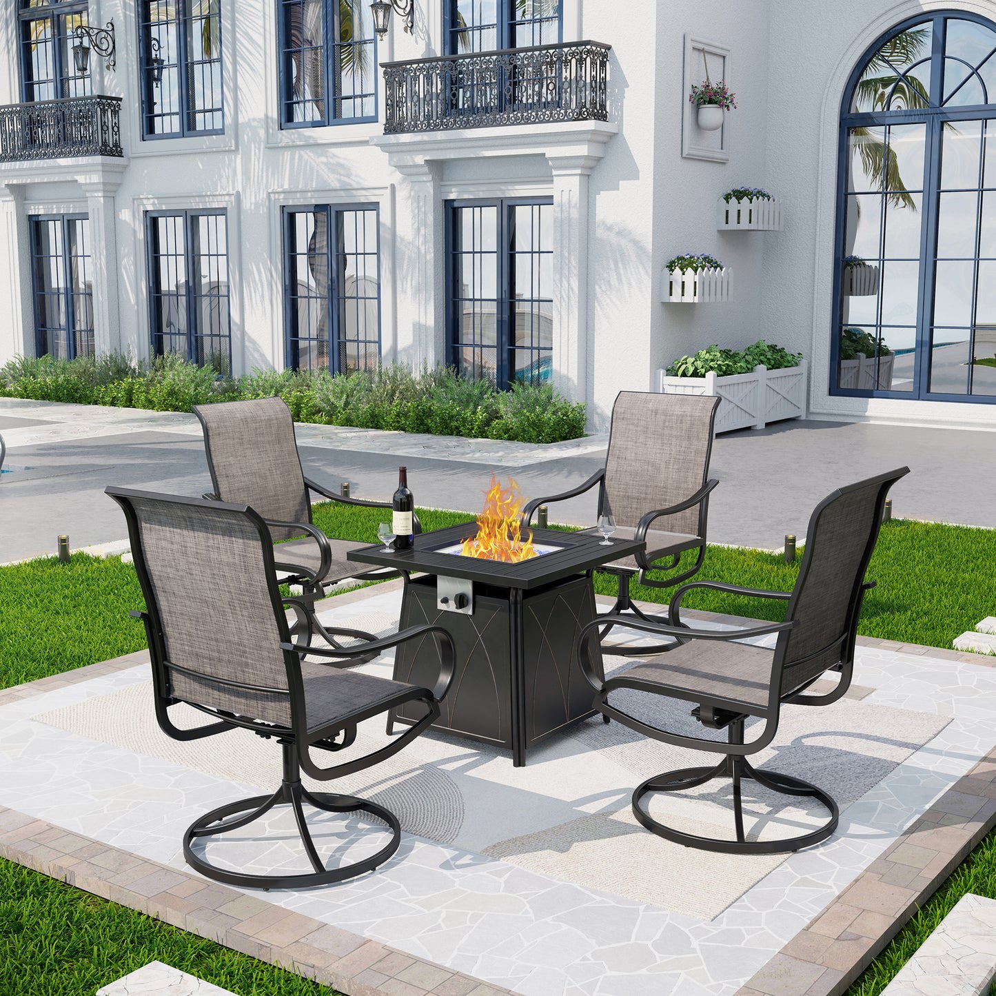 Captiva Designs 5pc Patio Dining Square Steel Fire Pit Table & Armrest Metal Frame Chairs