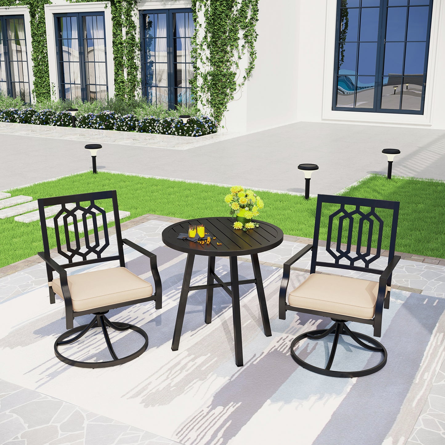 Captiva Designs 3pc Outdoor Patio Slatted Tabletop Round Dining Table & Metal Chairs
